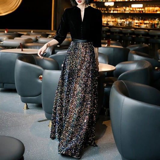 3/4-Sleeve Notch Neck Sequin Panel Evening Gown (Various Designs)