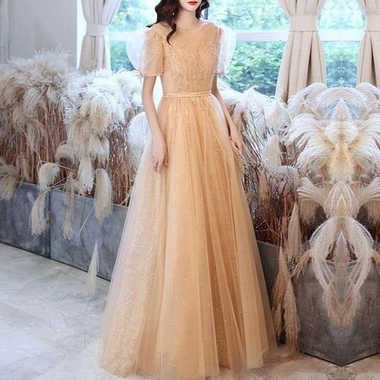 Short-Sleeve Sequin Mesh A-Line Evening Gown