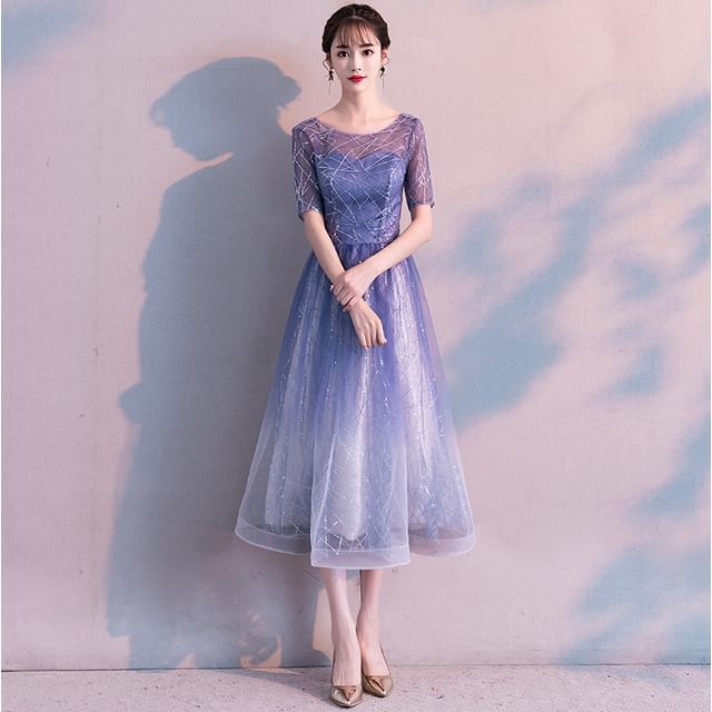 Short-Sleeve Round Neck Gradient Sequin A-Line Evening Gown / Midi Dress