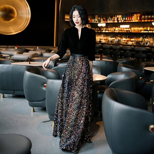 3/4-Sleeve Notch Neck Sequin Panel Evening Gown (Various Designs)