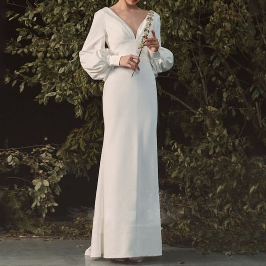 Long-Sleeve V-Neck Plunge Plain Open Back Satin Mermaid Wedding Gown