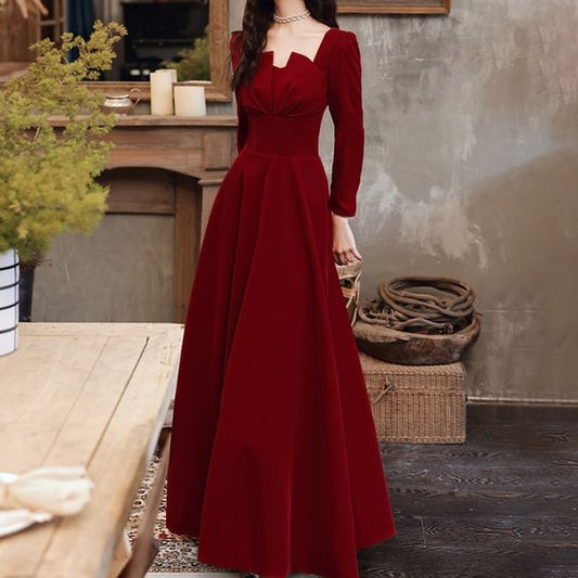 Long-Sleeve Notch Neck Plain Ruched Midi A-Line Cocktail Dress / Evening Gown