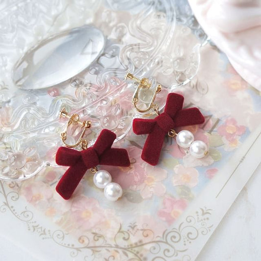 / Pearl Hook Clip-On Faux Earring Drop Bow