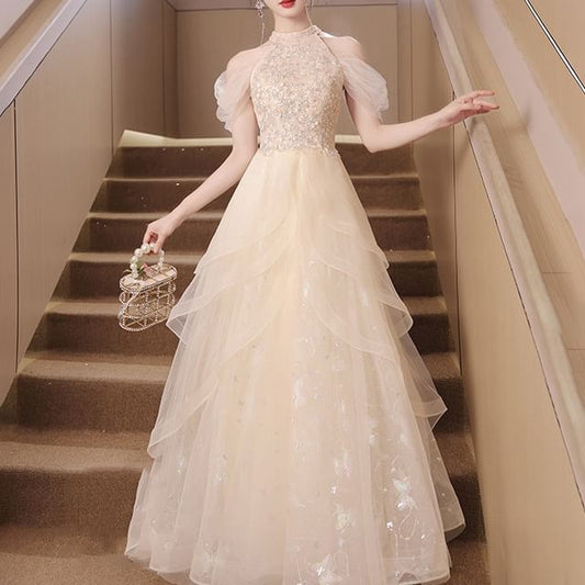 Sleeveless Cold Shoulder Sequin Panel Mesh A-Line Evening Gown