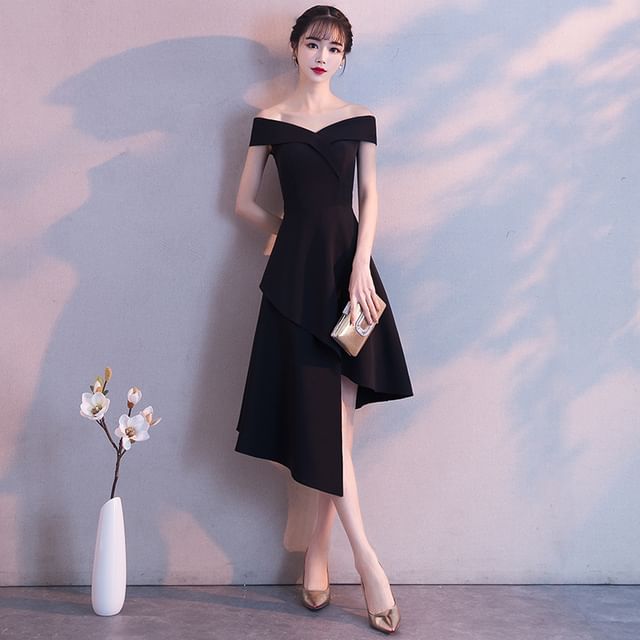 Sleeveless Off Shoulder Plain Asymmetrical A-Line Dress