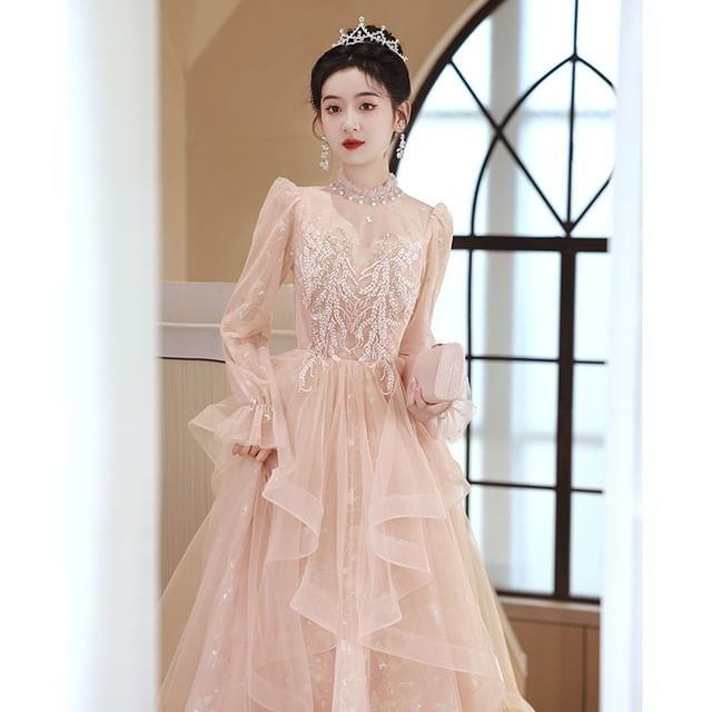 Long Sleeve Stand Collar Applique Beaded Ruffle Mesh A-Line Evening Dress