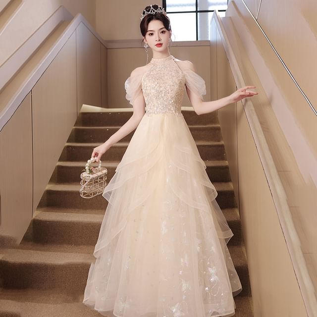 Sleeveless Cold Shoulder Sequin Panel Mesh A-Line Evening Gown