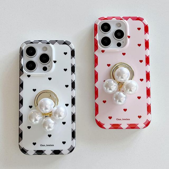 / Faux Case Phone Ring Set Pearl Heart Finger