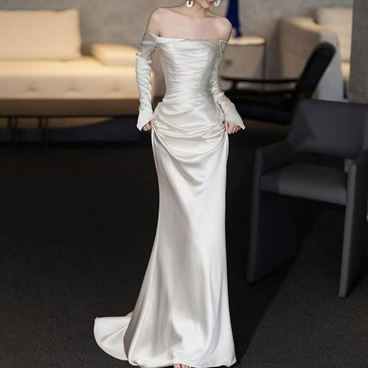 Long-Sleeve Off-Shoulder Plain Ruched Satin Mermaid Wedding Gown