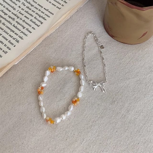 / Bracelet Beaded Bow 925 Pearl Sterling Silver Natural