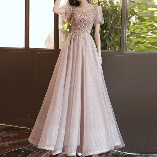 Short-Sleeve Sequin Mesh A-Line Evening Gown / Midi Dress