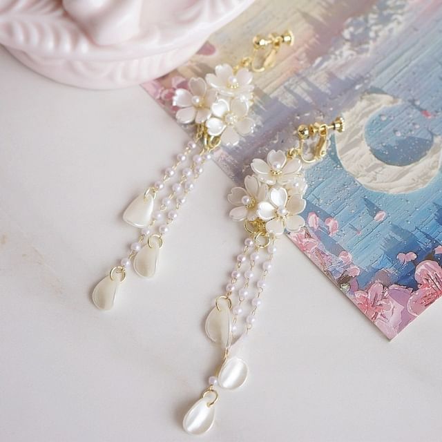 / Flower Silver Pearl Drop Faux Sterling Earring 925 Clip-On