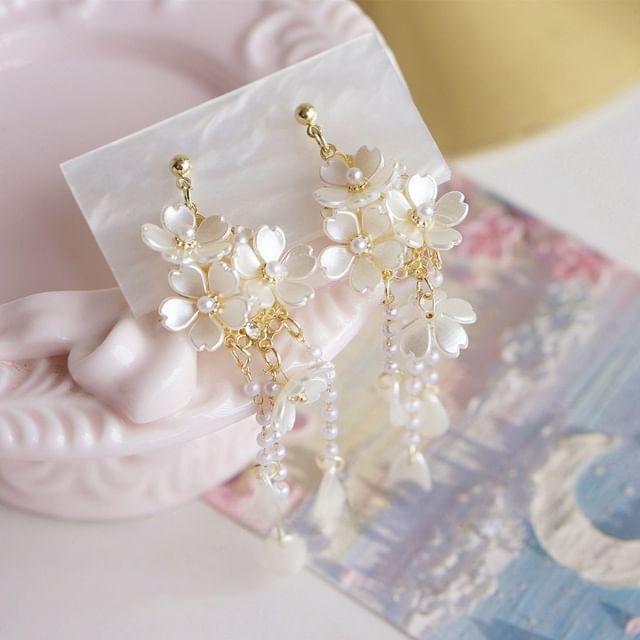 / Flower Silver Pearl Drop Faux Sterling Earring 925 Clip-On