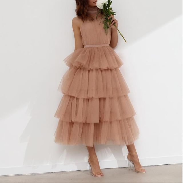 Halter Neck Stand Collar Plain Tiered Ruffle Mesh Midi A-Line Cocktail Dress