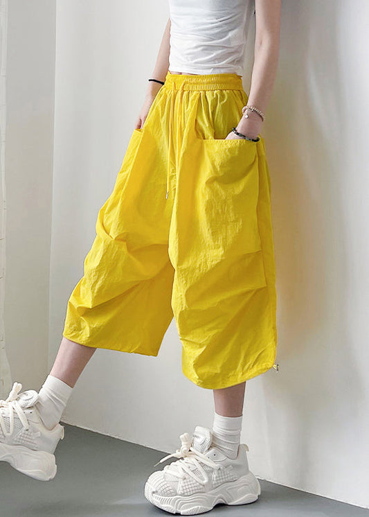 Yellow Cotton Oversized Elastic Summer Crop Pants Lace Up Waist