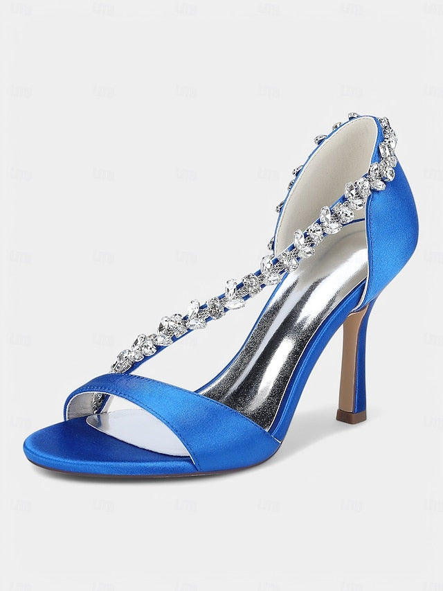 Heels – High Crystal Women's Champagne with T-Strap Satin