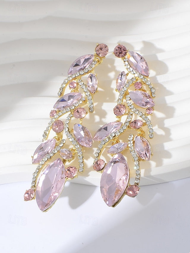 Gold Crystal Earrings Leaf Design Elegant - Women's