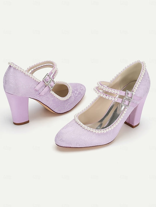 Embellished Purple Jane Lace Pearl Heels Women's Mary -