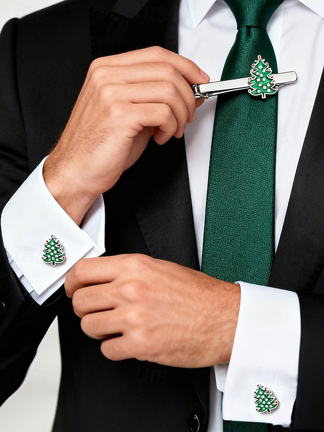 Set Men's - Festive Christmas Clip Cufflinks Tie Tree and