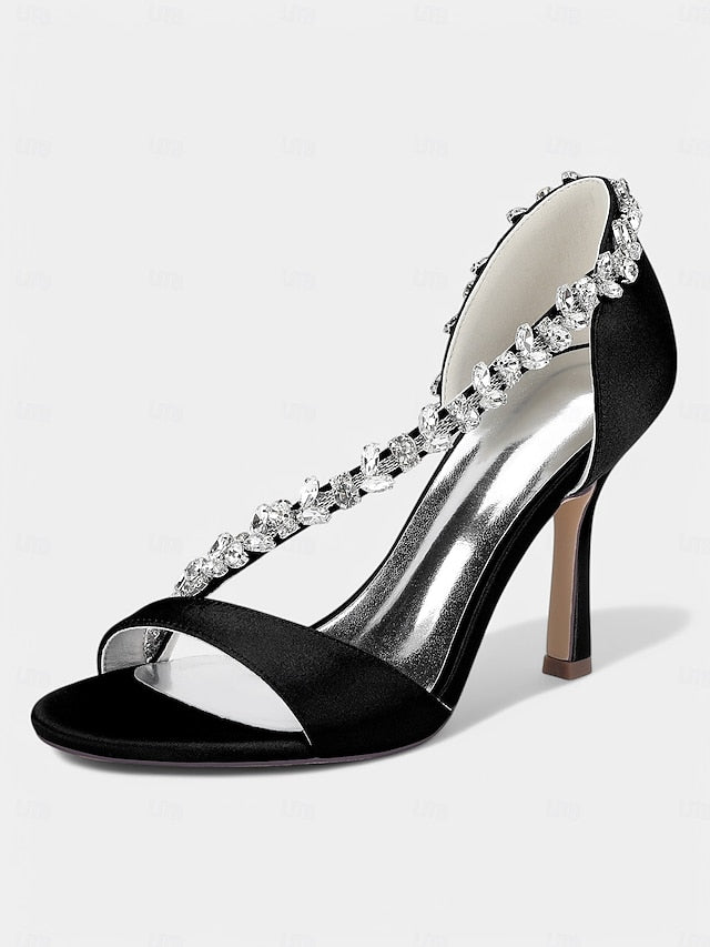 Heels – High Crystal Women's Champagne with T-Strap Satin
