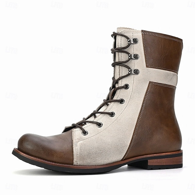 Vintage Boots Lace-Up Leather Mid-Calf Faux Men's Two-Tone