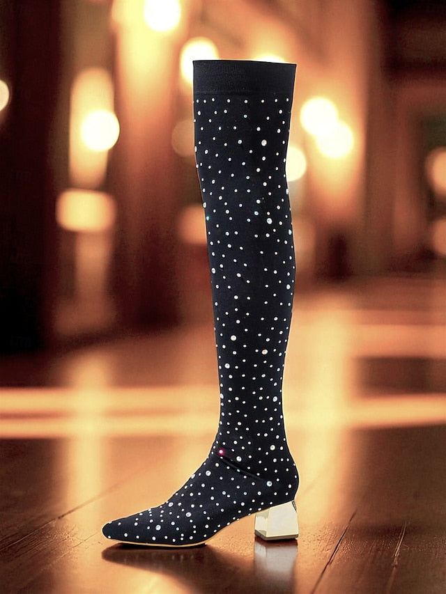 Pointed Rhinestone Over-the-Knee Women's Boots with Black