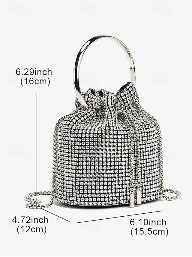 Silver with Rhinestone Women's Bucket Bag Sparkling Metal