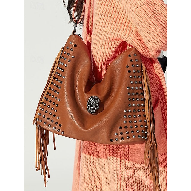 - Brown Leather Boho Studded Bag Women's Hobo Skull Fringe