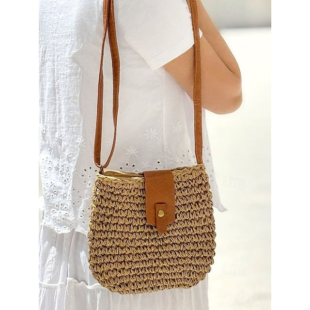 - Crossbody Women’s Chic Strap with Woven Straw Bag Leather