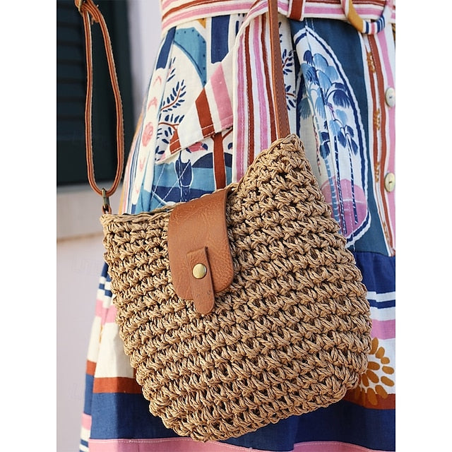 - Crossbody Women’s Chic Strap with Woven Straw Bag Leather