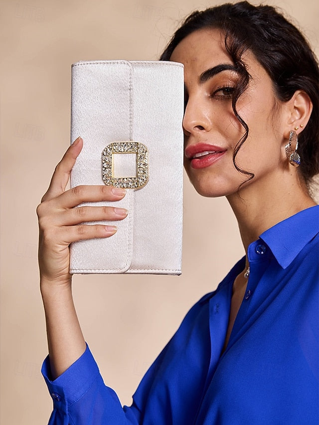 with Clutch - Rhinestone Buckle Women's Elegant Satin White