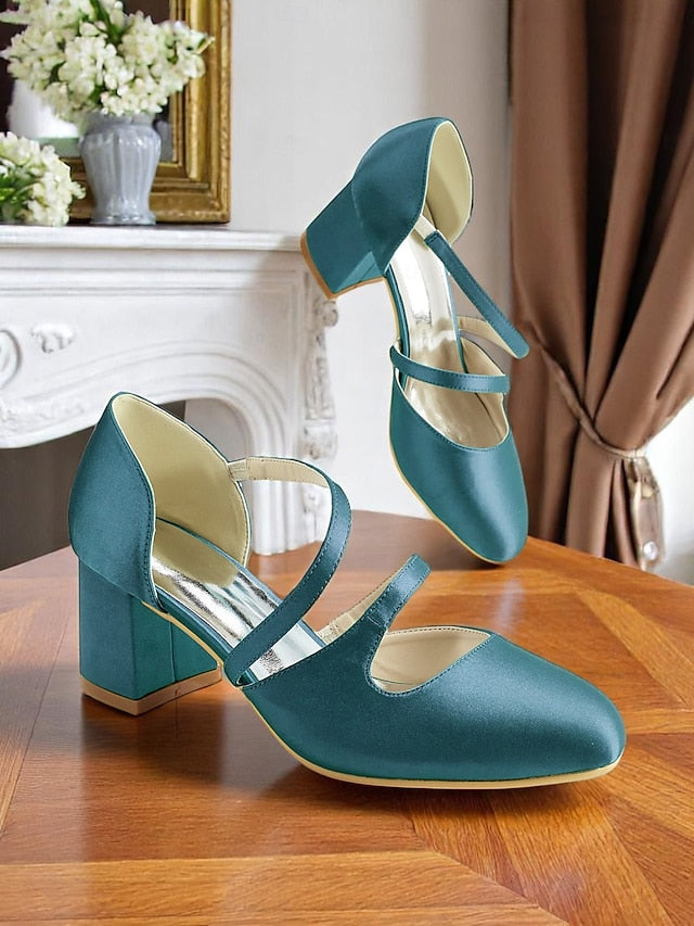 – Women's Mary Jane 1950s Heels Satin Green Elegant Block