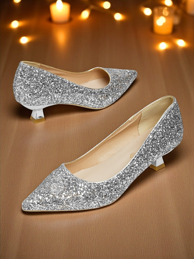 - Glitter Sparkly Pumps Low Toe Women's Heel Pointed