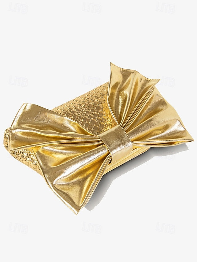 Gold Bow Oversized Women's with Bag Faux Clutch Leather