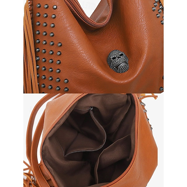- Brown Leather Boho Studded Bag Women's Hobo Skull Fringe