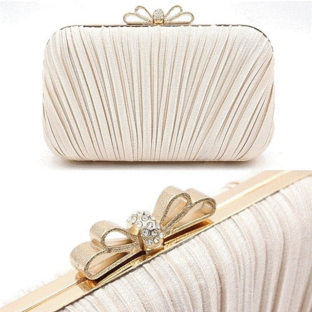 Pleated Bow White Women's Clutch – Bag Rhinestone Elegant