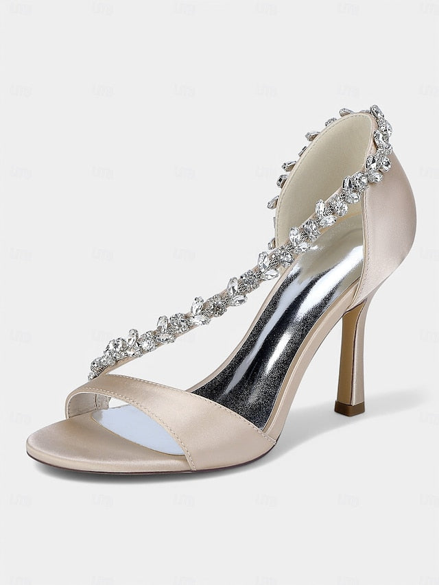 Heels – High Crystal Women's Champagne with T-Strap Satin
