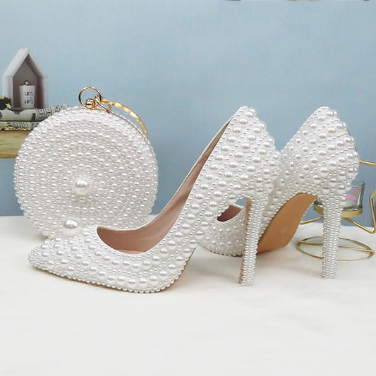 Set White Pearl Heels Pearl-Embellished Purse Stiletto and Round