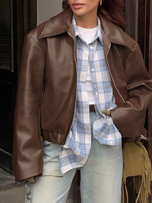 Leather Faux Pocket Jacket Women's Comfortable Zipper Warm