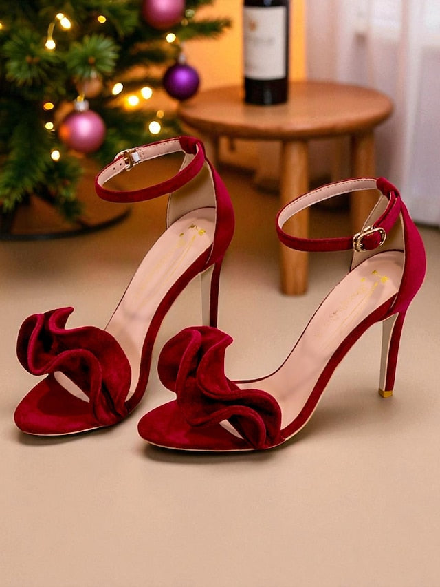 - Red High Women's Elegant Ankle Velvet Sandals Heel Strap