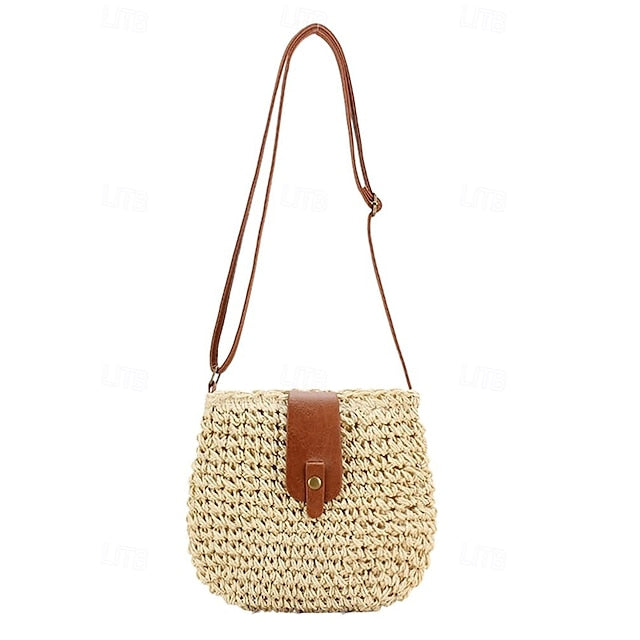 - Crossbody Women’s Chic Strap with Woven Straw Bag Leather
