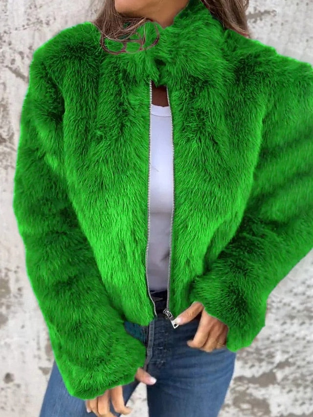 Fur Breathable Plain Women's Faux Warm Zipper Coat Casual