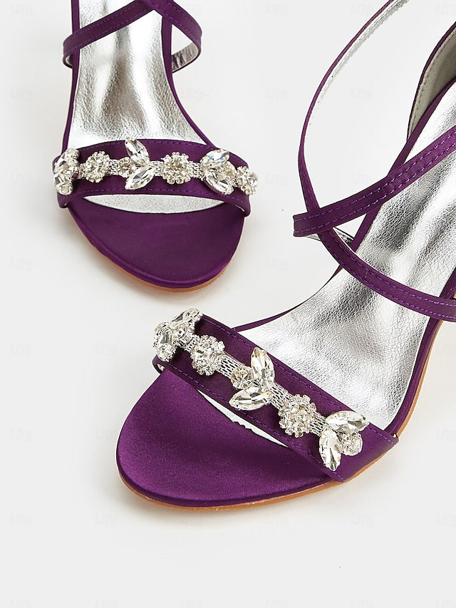 Straps Heels Women's with Purple Stiletto Satin Rhinestone
