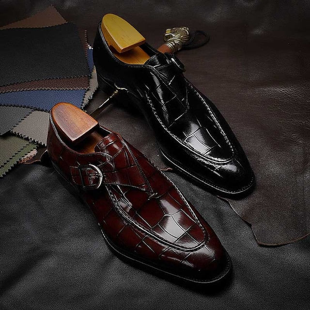 Leather Strap Men's Crocodile Faux Monk Burgundy Pattern