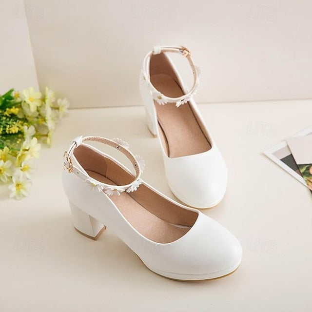 Daisy Block with Heel Flower White Girls' Ankle Shoes
