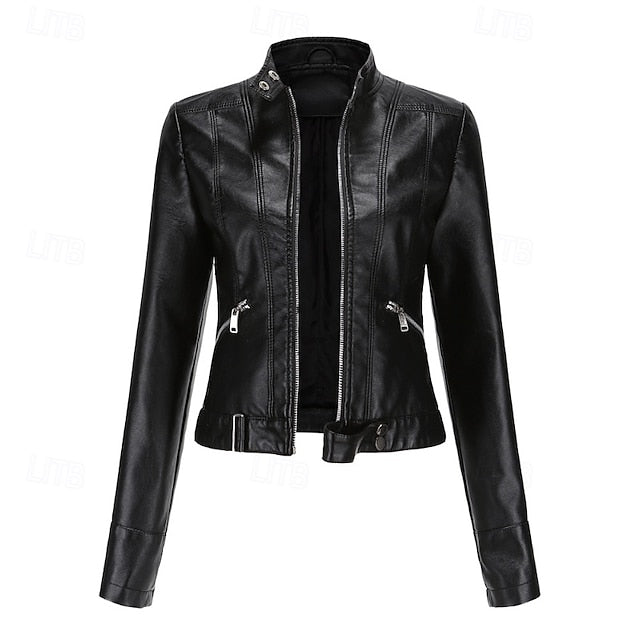 Jacket Zipper Pocket Leather Comfortable Faux Women's