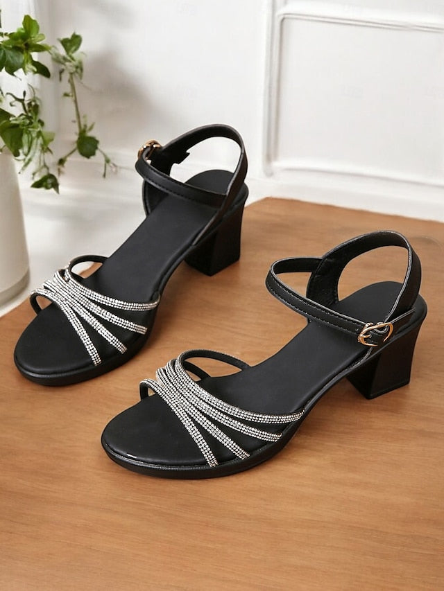 - Strappy with Black Rhinestones Comfortable Block Sandals Heel