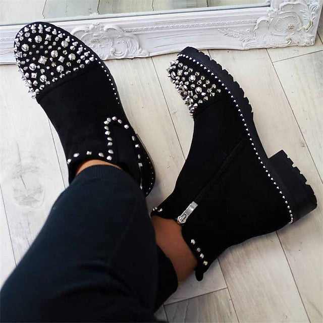Sole for – Chunky Women Boots Ankle Black Studded Chelsea