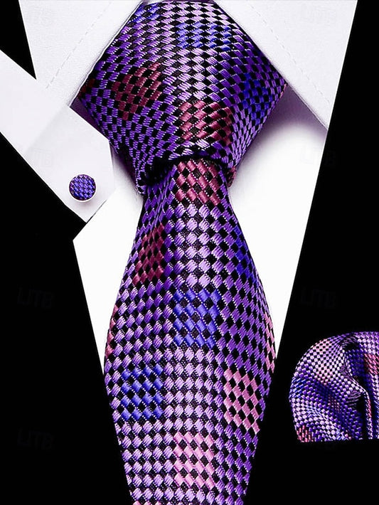 Pocket – Purple and Checkered Set Tie Square Silk Men's