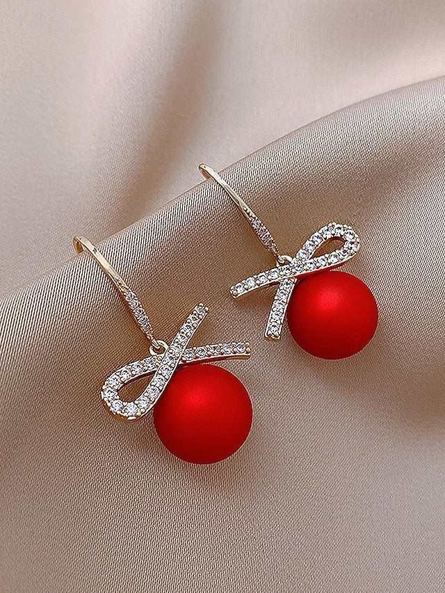 Bow Earrings Christmas Rhinestone with Pearl Women's and